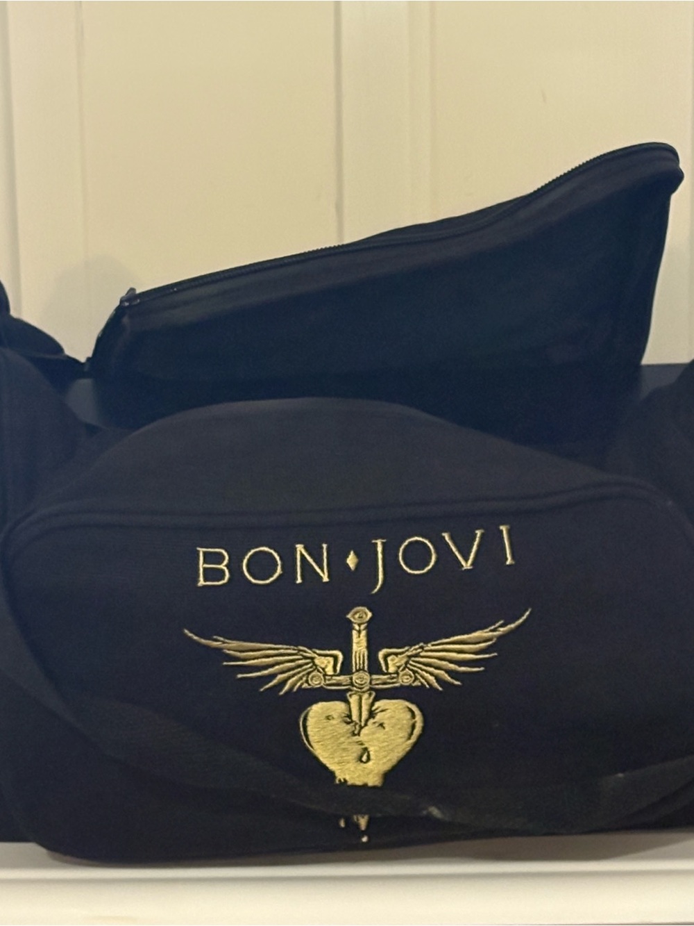 Black Belt Bag with Gold Winged Heart Embroidery